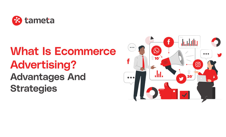 Ecommerce advertising strategy illustration showing online store promotion and product visibility growth.