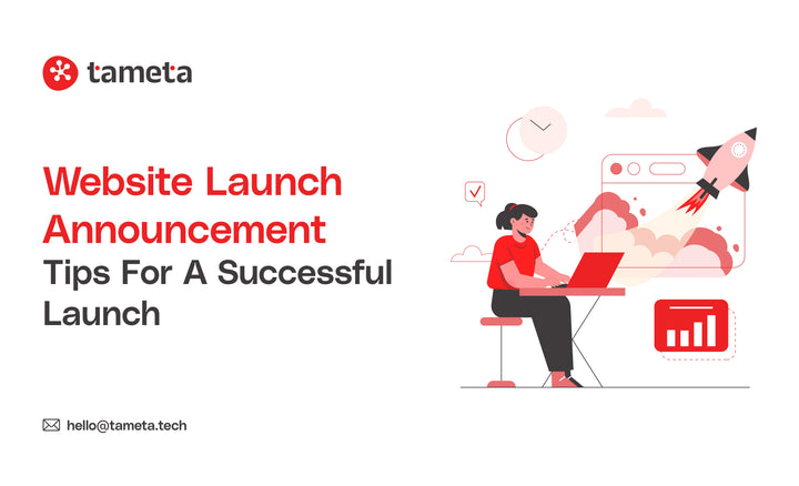 Website launch announcement banner with excited business owner sharing new store launch