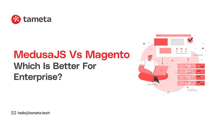 MedusaJS vs Magento enterprise comparison graphic highlighting performance, scalability, and total cost of ownership differences.